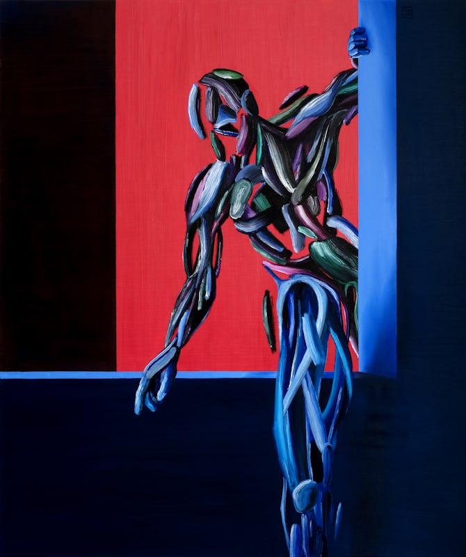 An art piece of an anamorphic body shape hovering between two spaces. The colors are mostly black, red, and black.