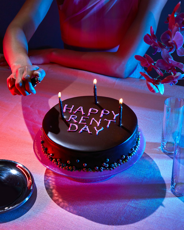 Chocolate cake with "Happy Rent Day"