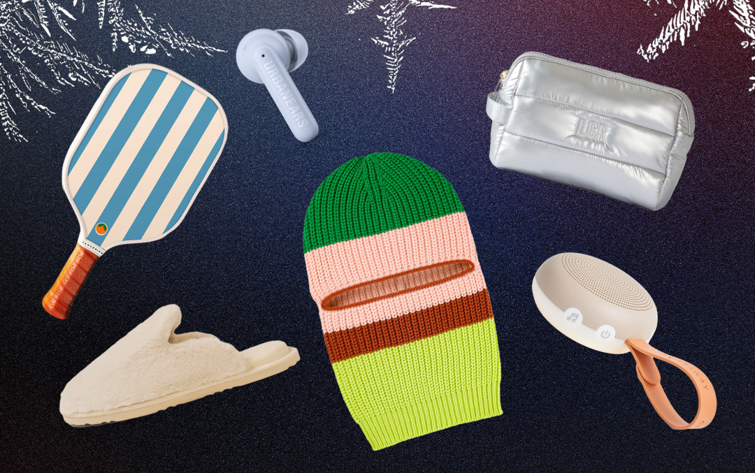 Various gift objects on a gradient background with snowflakes