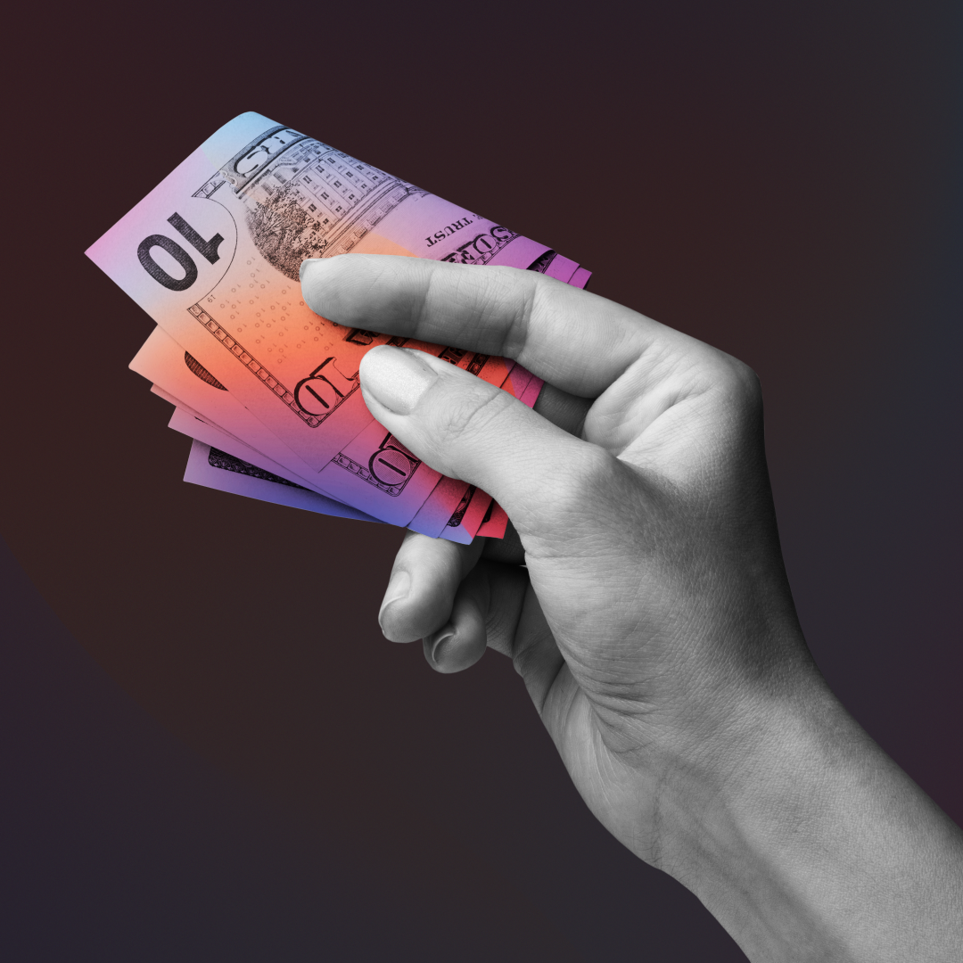 hand holding cash with a gradient background