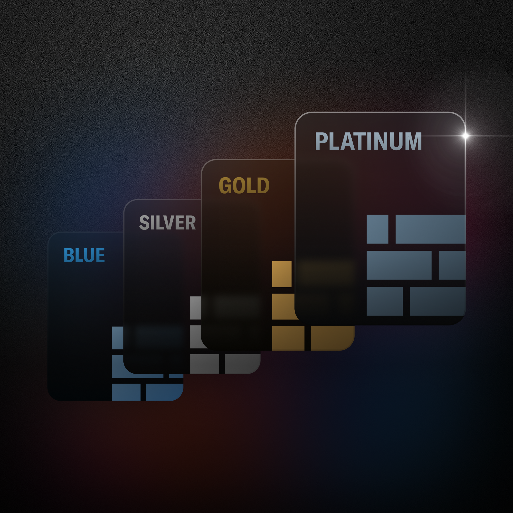 Four floating "cards" with Bilt logos and status tiers: blue, silver, gold, platinum