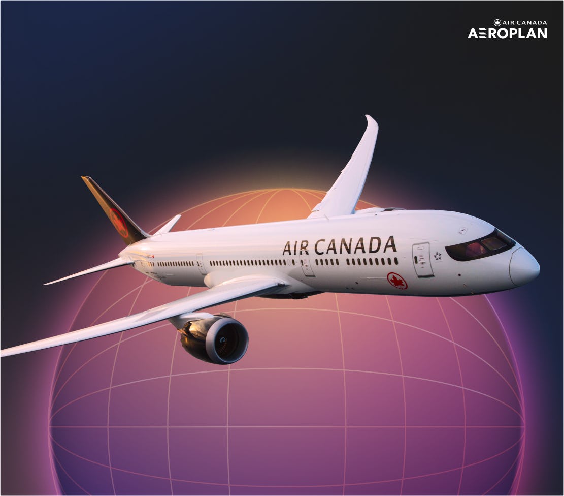 Air Canada plane flying over stylized image of the globe