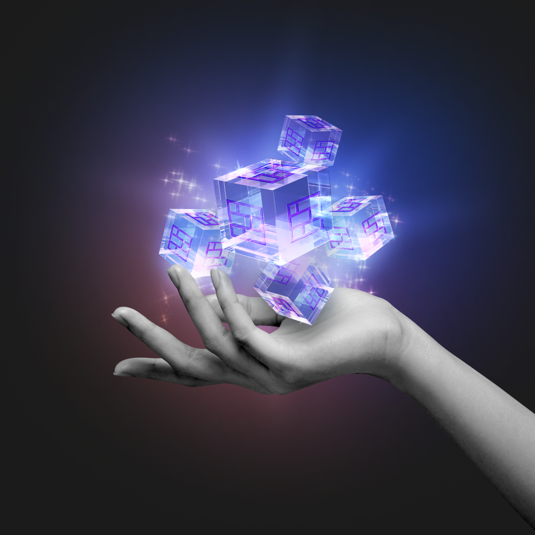 Hand holding glowing Bilt "point" cubes
