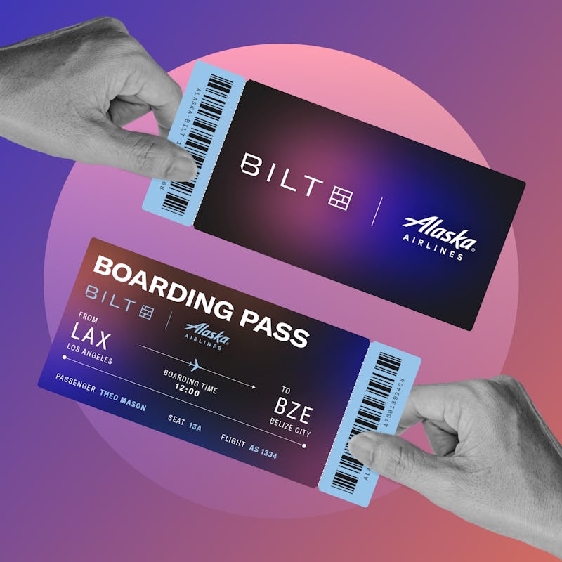 Two hands holding Alaska Airlines x Bilt Rewards "tickets"