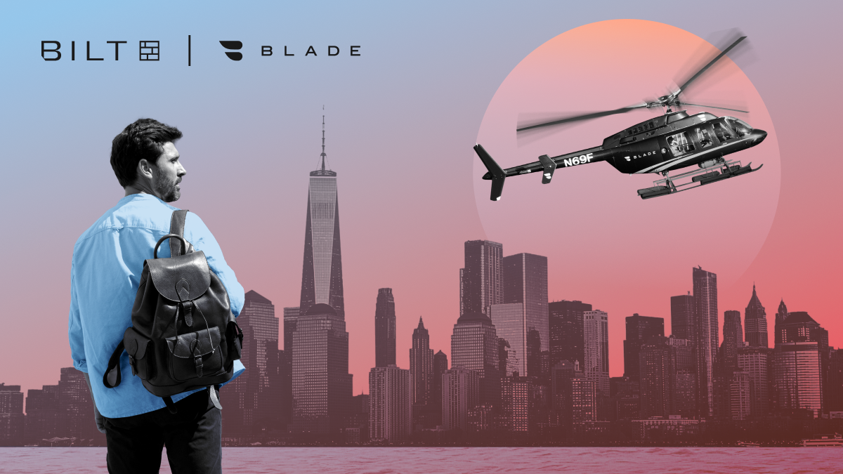 Man standing against NYC skyline with Blade helicopter in air