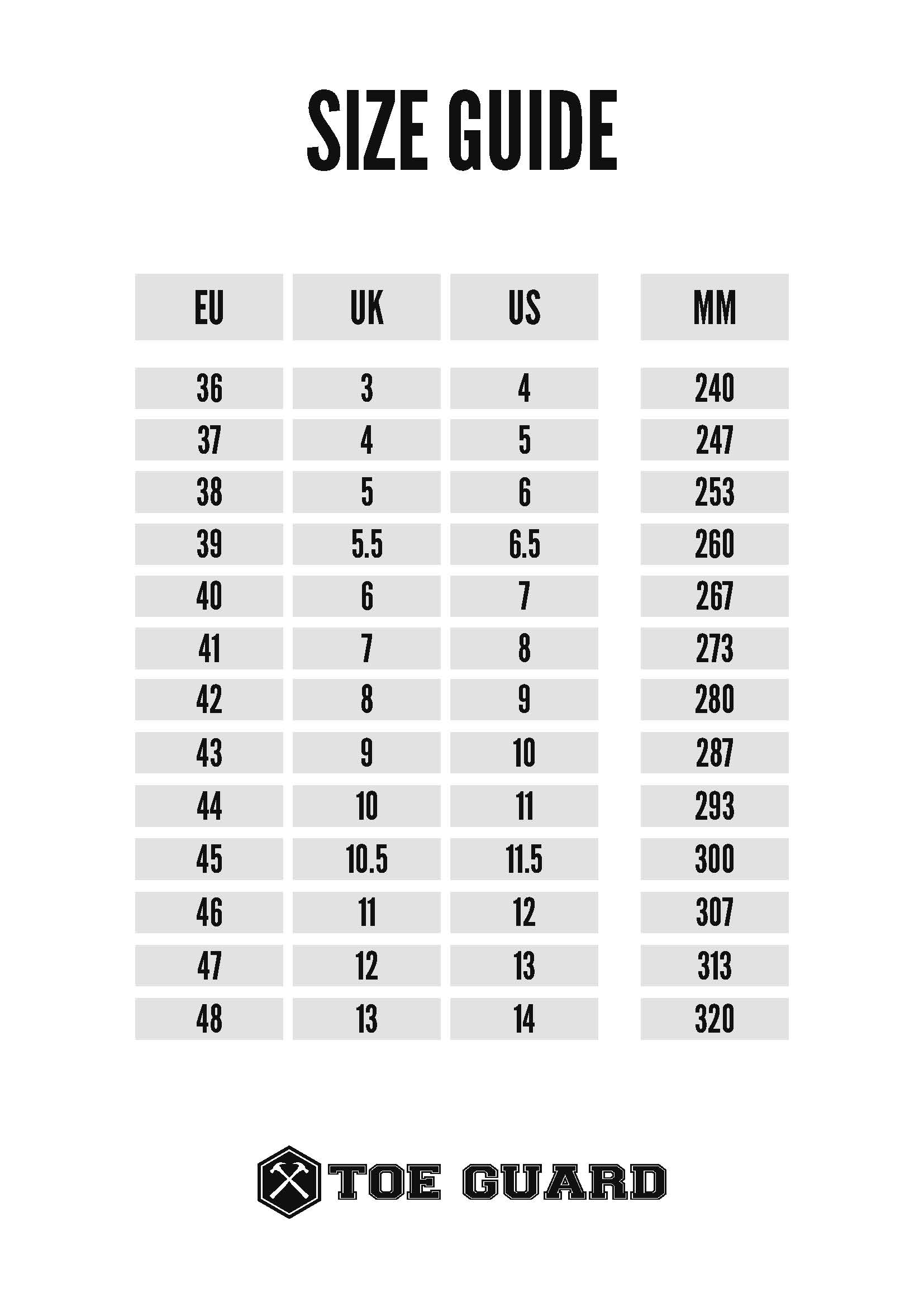 Toe Guard safety shoe size guide