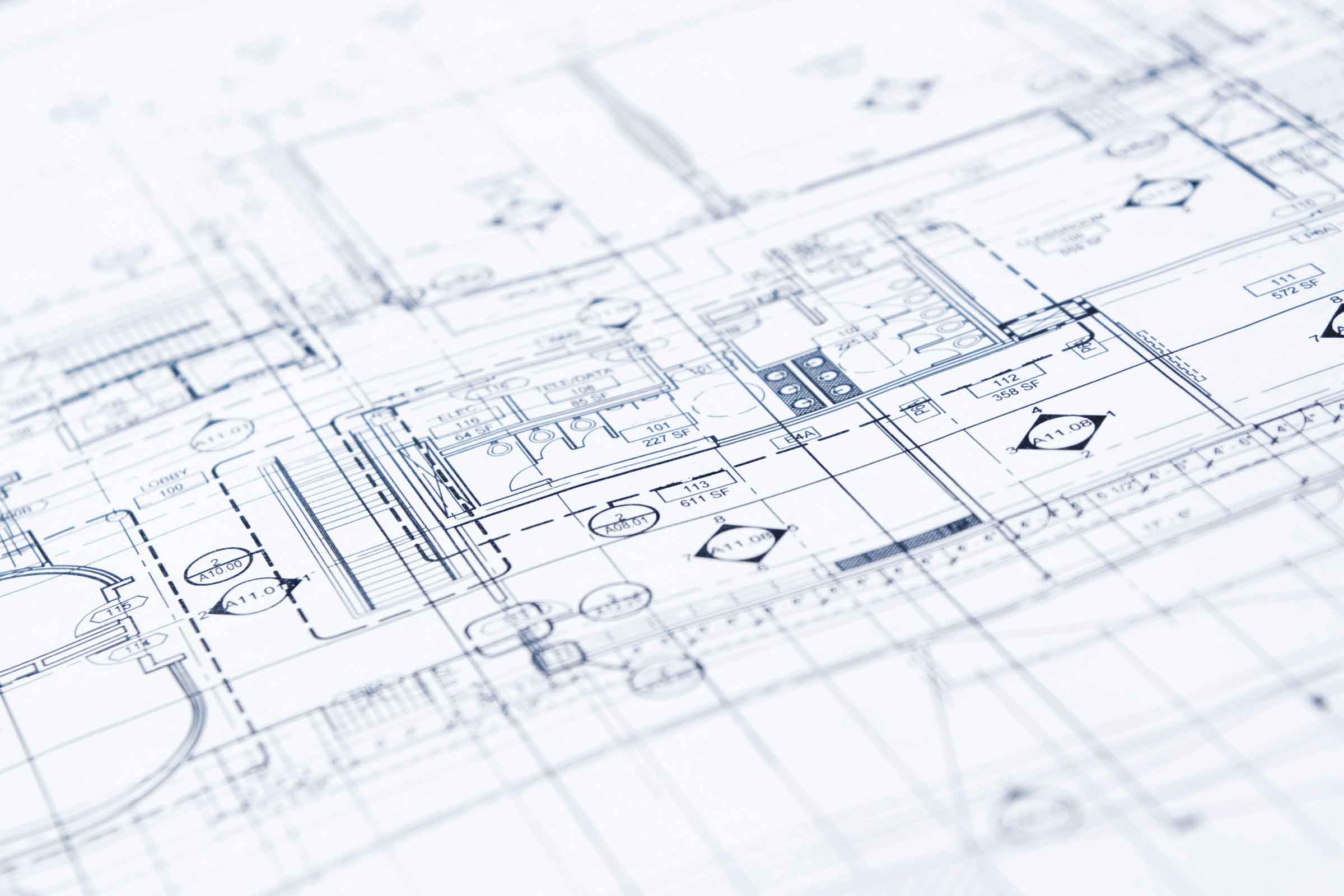 Angled shot of a printed blueprint