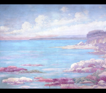 Large coral reefs break the surface of a vast, prehistoric sea that flourished where Chicago now stands. Blue waters lie beneath a cloud-covered sky..