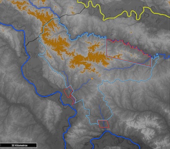 In two weeks in the field we recorded 800 species of plants, 132 of fish, 364 of birds, 32 of large mammals, and 108 of frogs, snakes, and lizards. Perhaps our most unexpected find were a series of high terraces in the heart of the area.
High terraces in orange, the yellow line is the Peru-Colombia border. J. Markel.