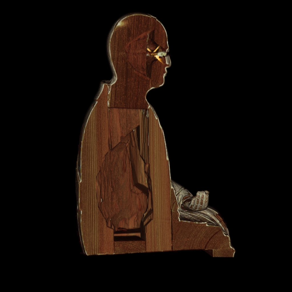 Volumetric reconstruction of the CT slice data allows us to non-destructively cut open the statue and examine the different pieces of wood and their grain directions.  The 'artifacts' from the attenuating eyes have been edited out with the loss of some information, but there are still some interesting features in the construction of the head. There are three pins, probably made of bone, holding a trapezoidal wood block at the inside of the face.  The wood block presumably plays some role in keeping the eyes in place.