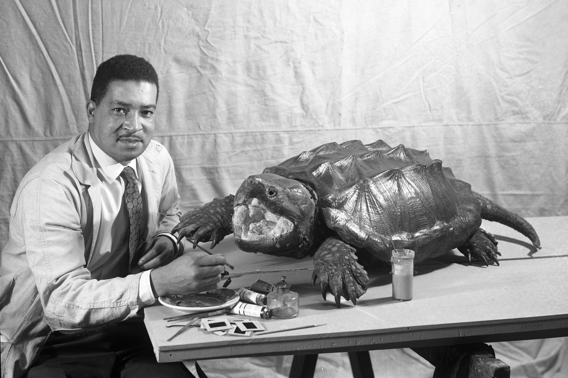 Carl Cotton, holding a paintbrush, sits at a table with various art supplies and a large model of a turtle.