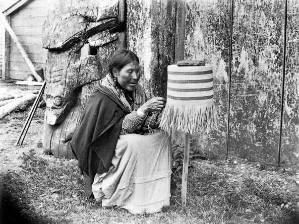 Massett Woman weaving cedar root basket. 1897.
Credit Information: © The Field MuseumID# CSA854Photographer: Edward P. Allen