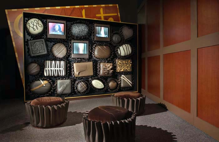 Chocolate Box Video area with television sets. Chocolate exhibit installation. 2002.Credit Information: © The Field MuseumID# GN90429_24dPhotographer: Mark Widhalm