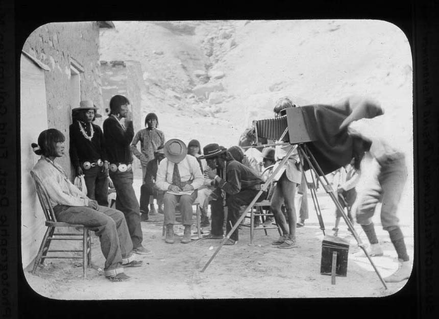 Field Museum chief photographer Charles Carpenter, shown here under the camera cloth circa 1900.   Carpenter produced over 800 glass plate negatives on the Stanley McCormick expedition to Arizona, most of which are still in the collection of the Library Photo Archives.
 
ID# A107507