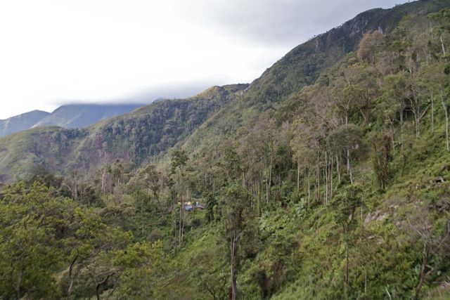 View of mountains in the Democratic Republic of the Congo. A small camp is just visible in the center.