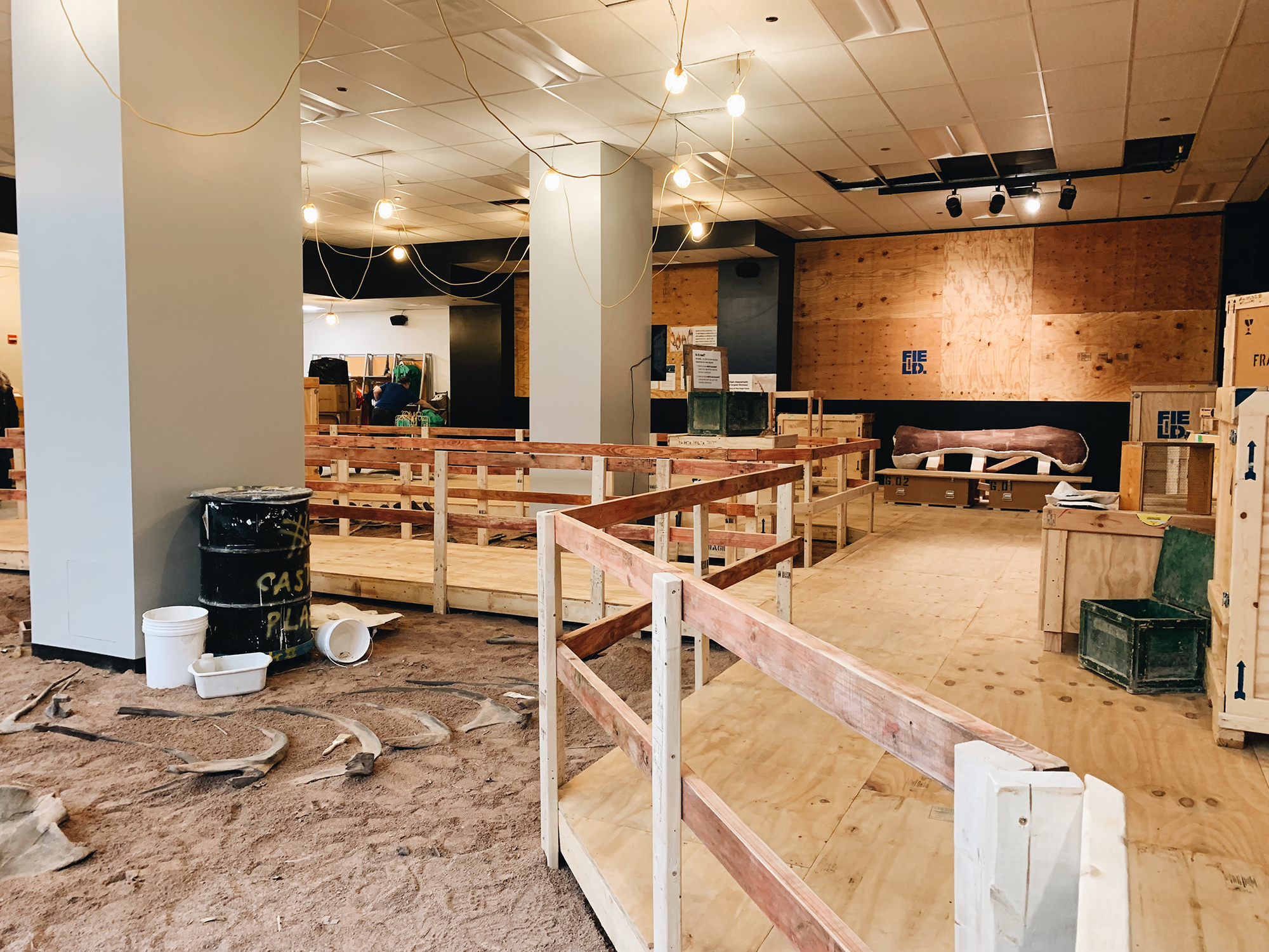 A view of the pop-up store, made to look like a field dig site. A wooden fence runs through the center of the space, dividing a sandy pit filled with fake fossils and tools from a raised, wooden platform.