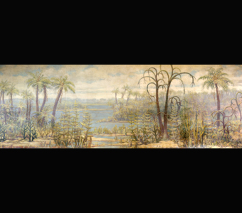 A Charles Knight mural showing his conceptualization of early land plants--Various sizes of palm-like trees and shrubs in a swampy landscape.