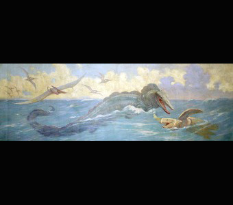 This Charles Knight mural portrays flying and swimming reptiles, including a giant swimming lizard, Tylosaurus lunging out of the sea at a giant turtle, Protostega. Several flying Pteranodon fly and swoop in the sky above the surface of the sea.