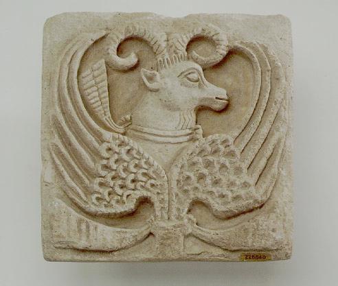 Stucco pattern block for mold, mouflon design, forepart of a ram above wings. Mouflon is a wild sheep native to the Near East. Kish, Iraq archaeology Sassanian [Sassanid] period. 
Credit Information: © The Field MuseumID# A111964cPhotographer: James Balodimas