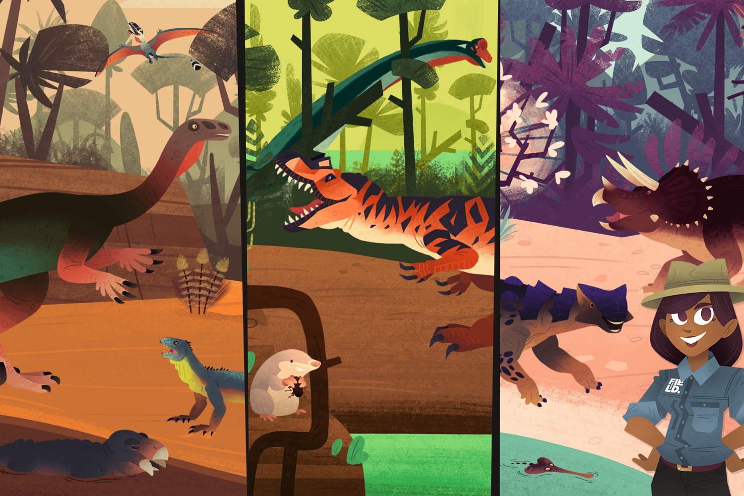 A composite image featuring stills from the animated game, Mission to the Mesozoic. The image contains three panes, each featuring various dinosaurs, mammals, and plants from the Cretaceous. A scientist appears in the third frame, smiling at the user with her hands on her hips.