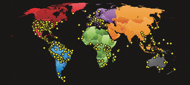 A world map, showing points in each continent.