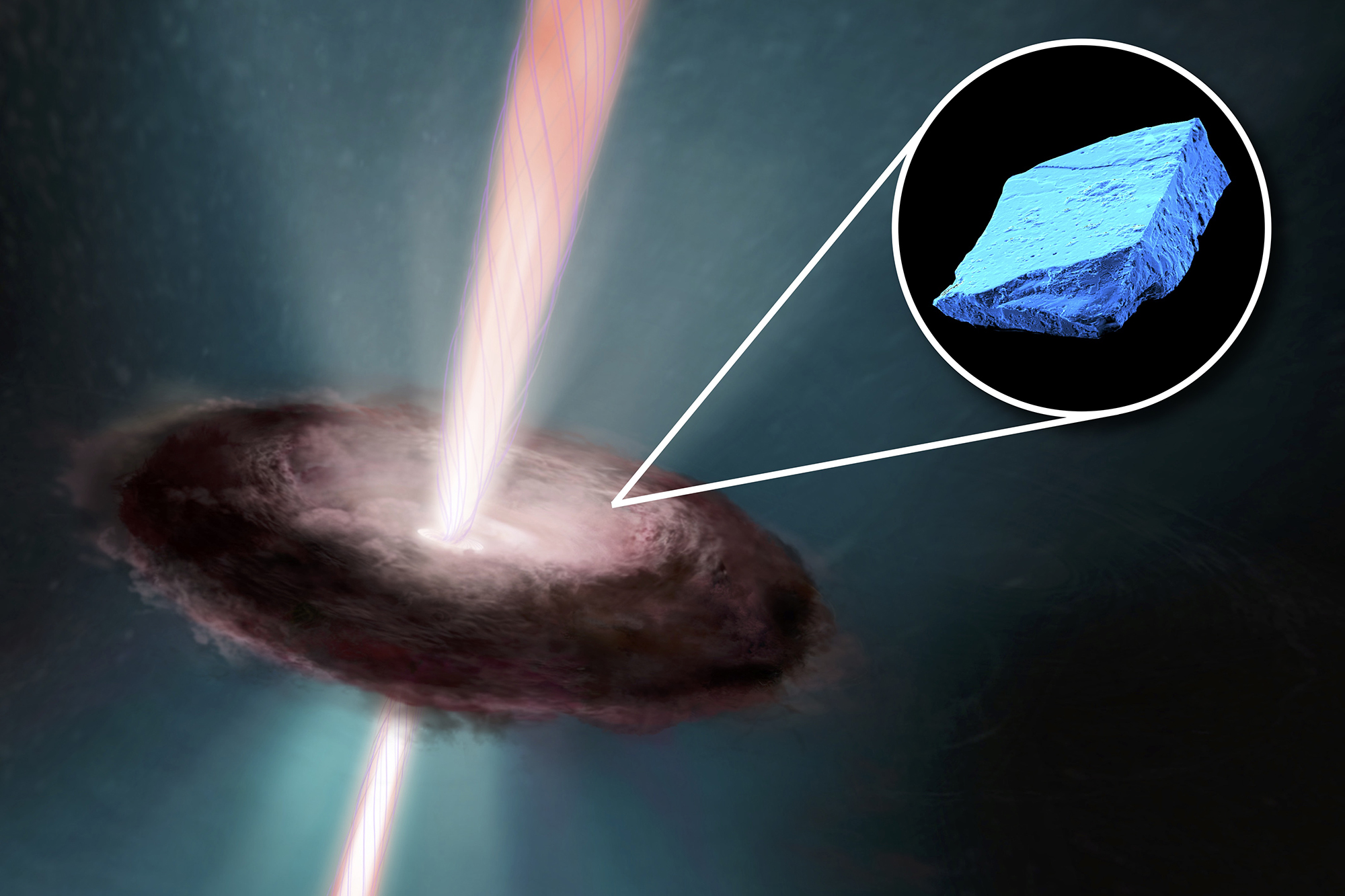 Illustration of the early solar disk, with an inset image of a blue hibonite crystal, one of the first minerals to form in the Solar System