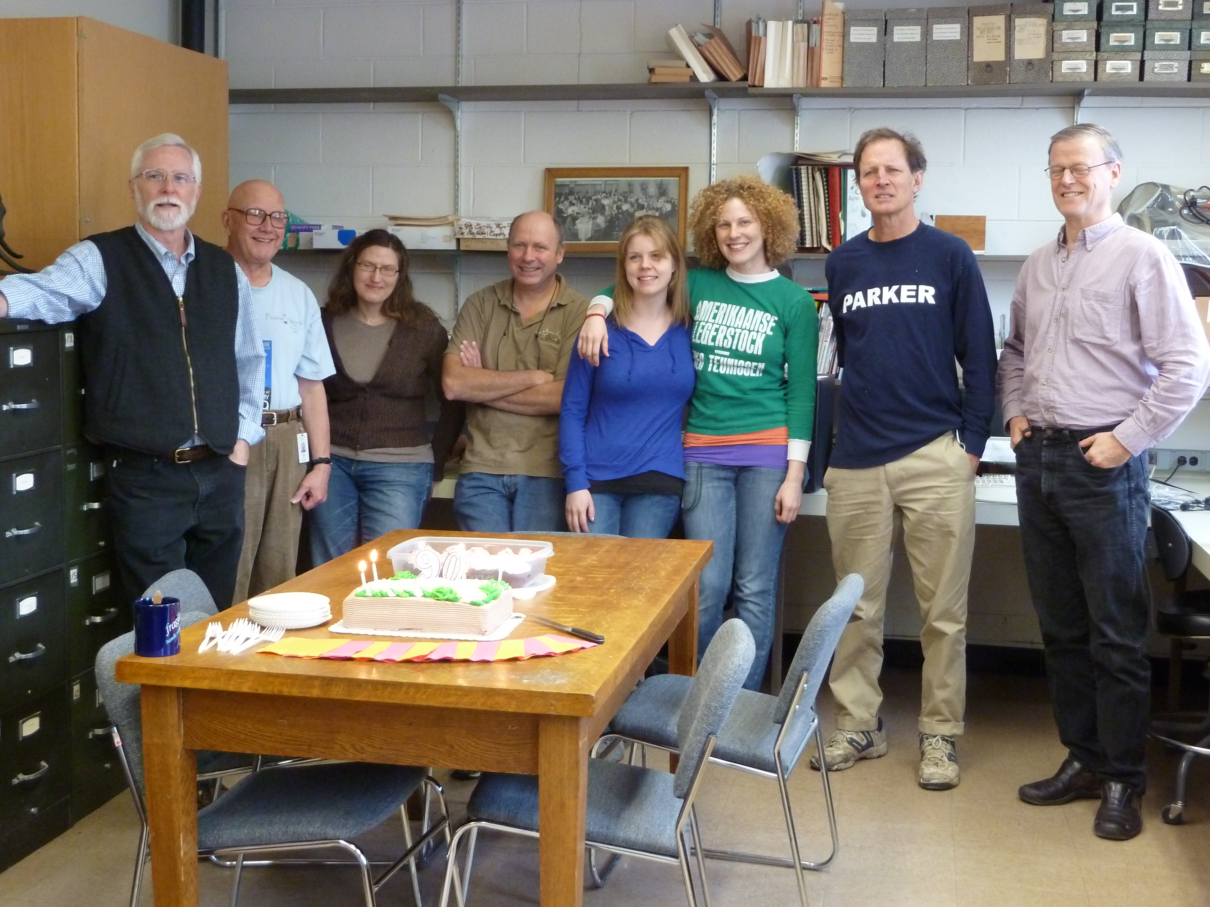 The Field Museum mammalogy team celebrating five December 2011 birthdays—on Bill’s actual birthday (Dec. 13). Left to right: Larry Heaney, John Phelps, Rebecca Banasiak, Bill, Andria Niedzielski, Anna Goldman, Julian Kerbis, and Bruce Patterson. Courtesy of Mary Anne Rogers.