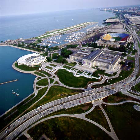 Museum Campus and Lake Shore Drive. Field Museum, Shedd Aquarium, Adler Planetarium and Soldier Field looking south. Aerial views taken from helicopter.Credit Information:© 1998 The Field MuseumID# GN88748_43cPhotographer: John Weinstein