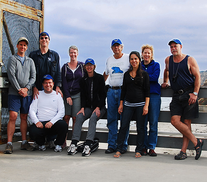 Deep-sea trawling expedition collecting party (from left to right): John Sparks (American Museum of Natural History), H. J. Walker (Scripps Institution of Oceanography), Leo Smith (Field Museum), Meg Daly (Ohio State University), Janet Voight (Field Museum), Chris Jones (Field Museum), Luciana Gusmaõ (Ohio State University), Susan Mochel (Field Museum), and Kevin Swagel (Field Museum).