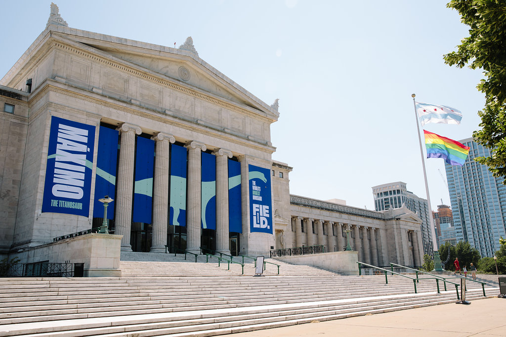 View of the north facade of the Field Museum with wide stairs leading up to the building entrance. The building is white marble and features a columned entrance and triangular pediment. Large banners advertising Maximo the Titanosaur hang across the facade.
