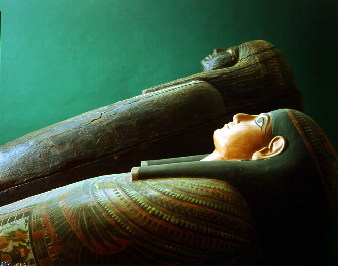 Mummy coffin. For the remains of a woman named Tent-athuman or Tinto. Made of larch or spruce tree. Egypt. 
Credit Information: © 1988 The Field Museum ID# A110726c Photographers: Ron Testa and Diane Alexander White