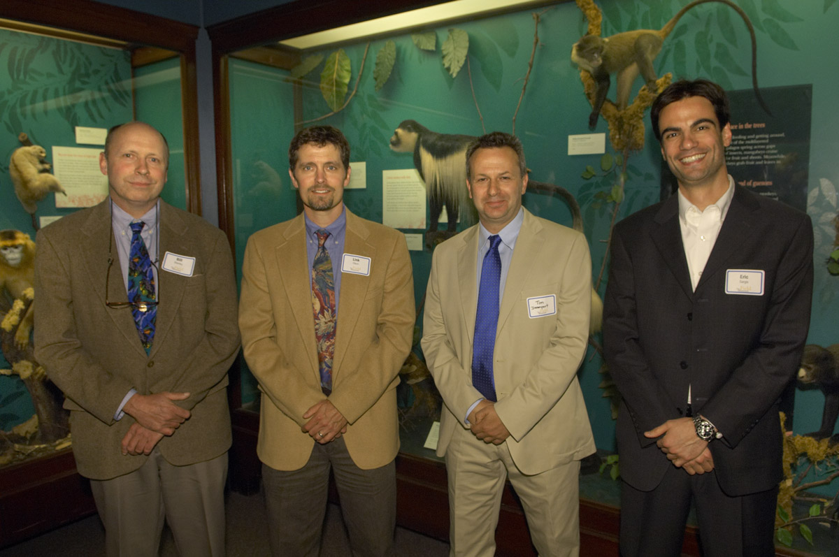 The Kipunji crew (co-authors)—from left, Bill , Link Olson, Tim Davenport and Eric Sargis—on the occasion of the 2008 Parker-Gentry Award, of which Tim was the recipient. Field Museum photo by John Weinstein. GN91148_007d