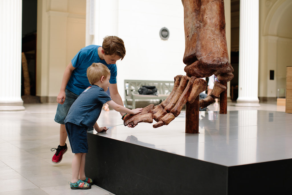 Two young visitors reach down to touch the foot of Máximo, a cast of the largest dinosaur ever discovered. The foot is raised on a black platform and the two visitors learn forward to touch the front of the foot.
