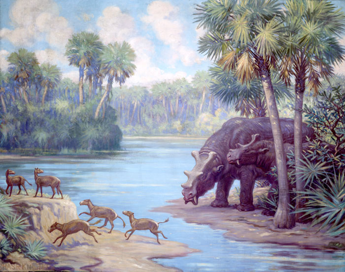 Several small, four toed horses frolick along a water source, across from two much larger, but harmless Uintatherium. Surrounding them is a forest of palm trees and fern-like plants.