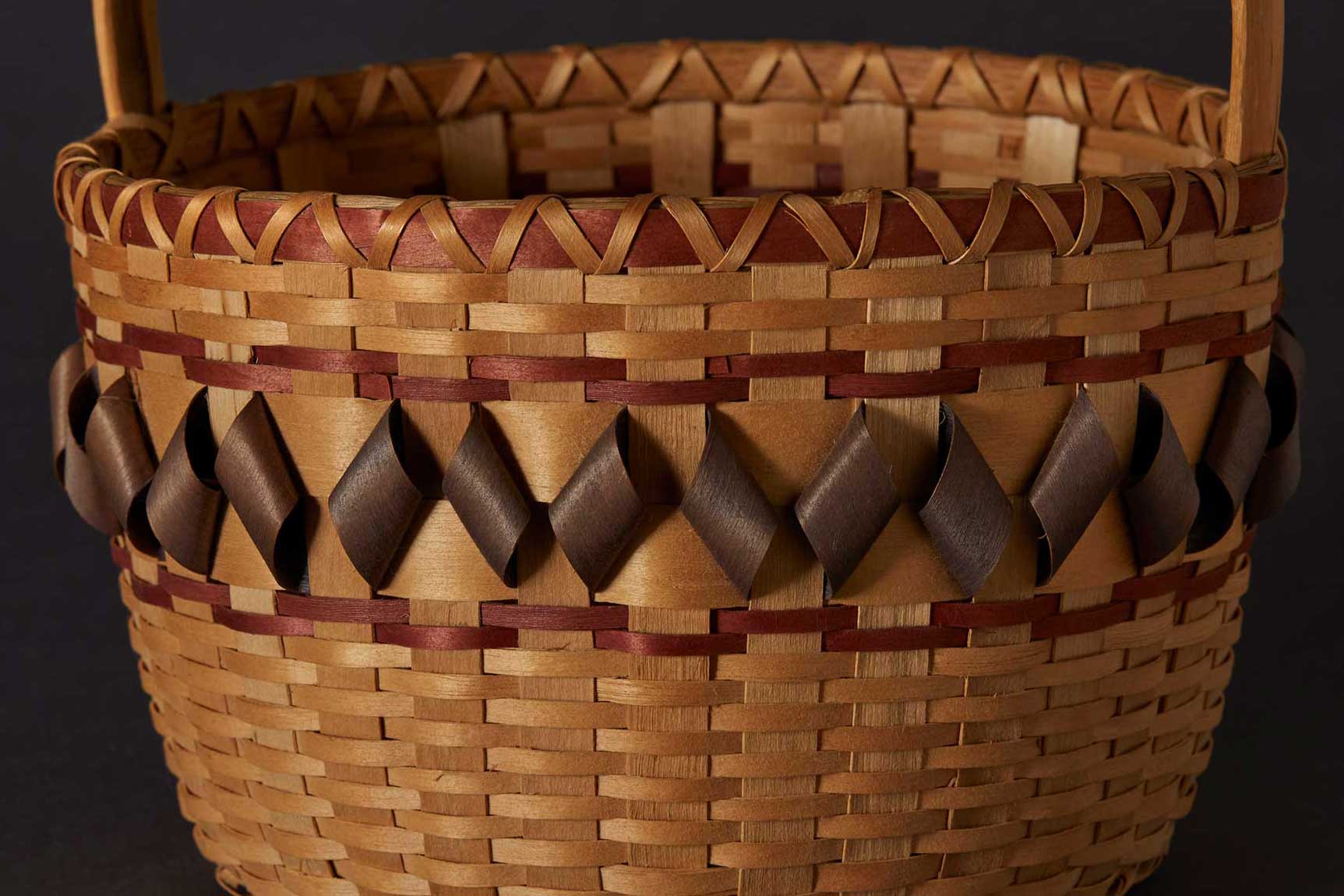 A woven wooden basket in different shades of brown.