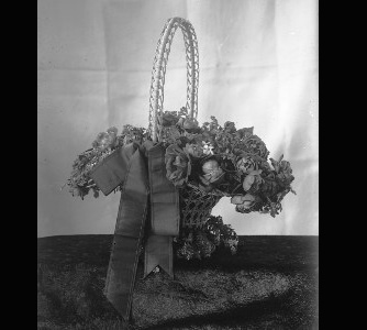 Bouquet of flowers in a wicker basket on a cloth covered table top. Dark ribbon around the bouquet. Central America circa 1899 Allison V. Armour Botanical Expedition

ID# CSB4407
Photographer: Edward P. Allen