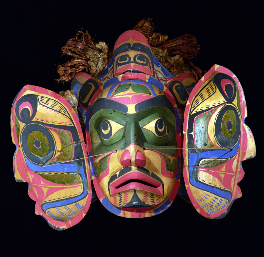 Detail of a transformation mask (shown open), representing a shaman, which was fashioned from carved and painted cedar by Xániyus (Bob Harris) before 1893. Kwakiutl, Vancouver Island, Northwest Coast.