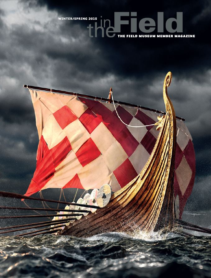 Cover graphics from the winter/spring 2015 In The Field member magazine, featuring a Viking ship on rough seas, a storm sky above.