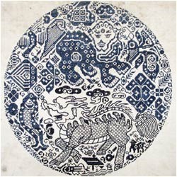 Lion at the top and qilin (mythical creature) at the bottom. A fish is next to the qilin.
202cm x 32cmShaanxi ProvinceHan ChineseCotton2724.234021© The Field Museum