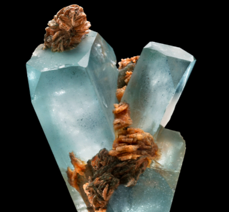 Natural blue faceting-grade Topaz crystals embedded in a matrix. Specimen is 100 mm in height