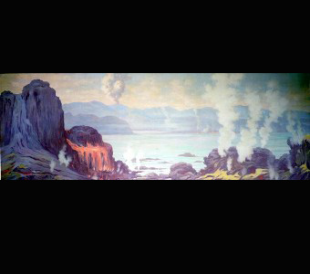 A Charles Knight mural depicting Earth before lifer began, a barren, rocky landscape, with volcanic activity surrounding a vast sea.