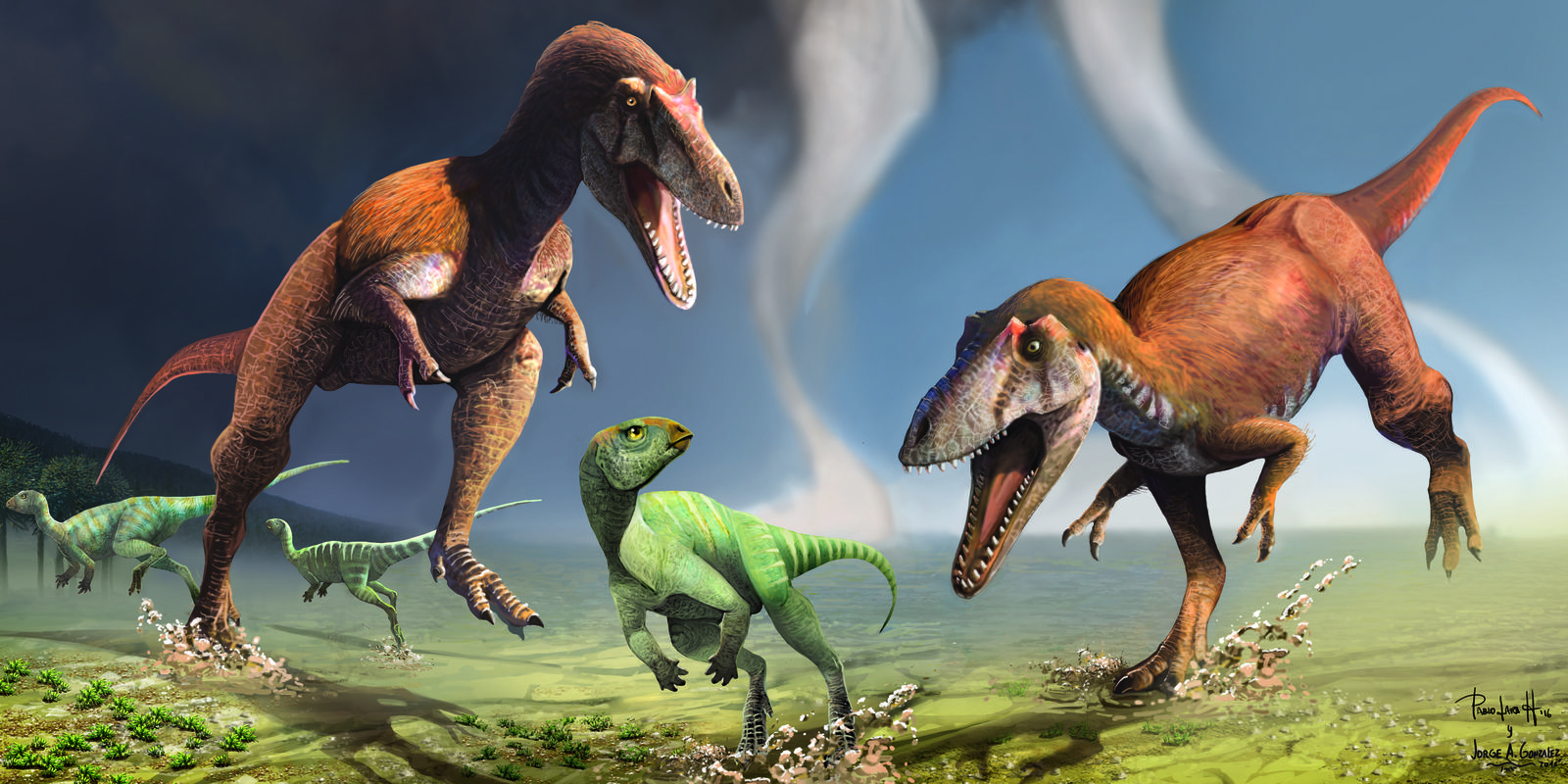 Illustration of two large orange dinosaurs attacking a smaller green dinosaur