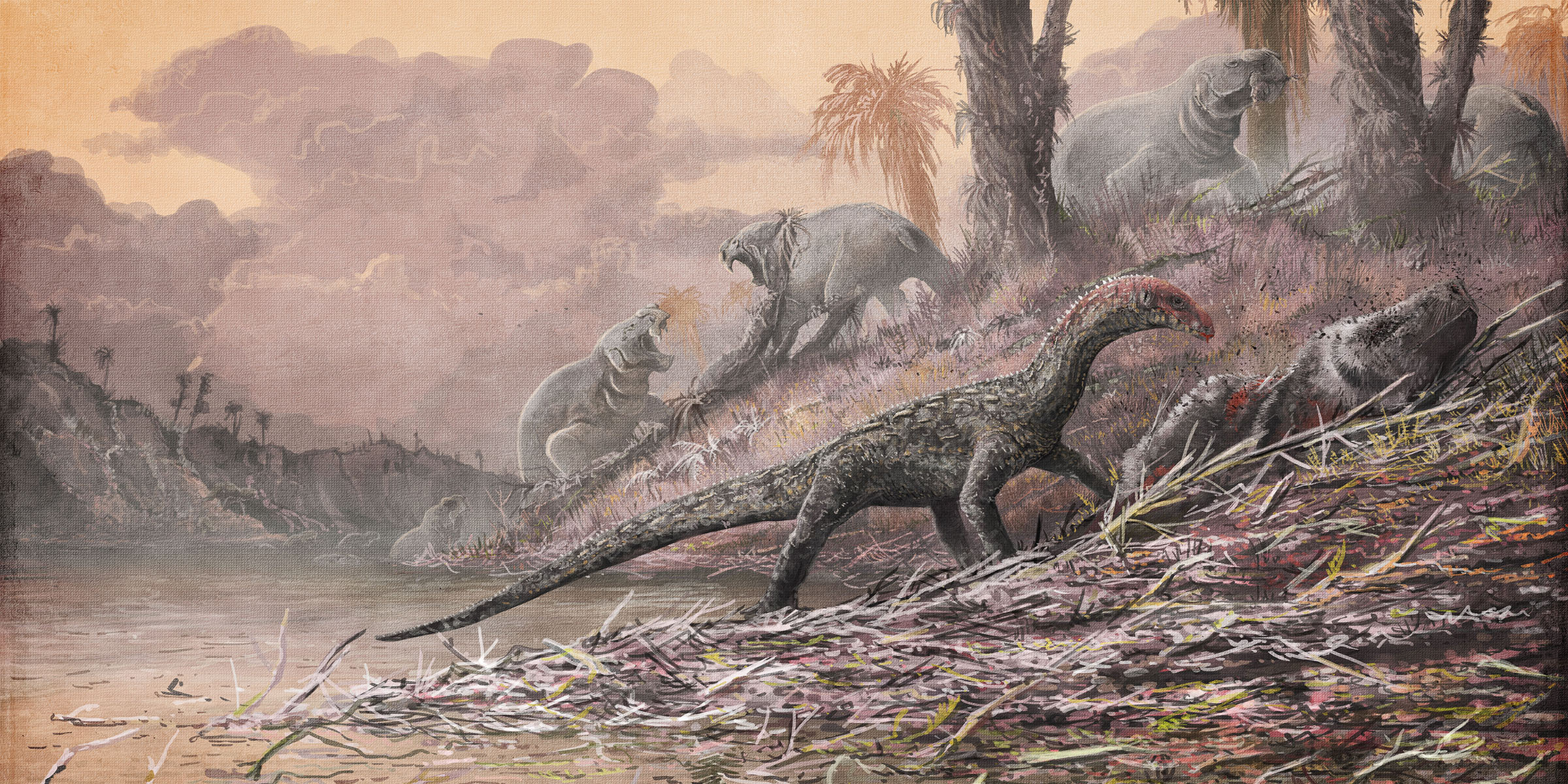 Illustration of prehistoric animals in a wetland area, with a crocodile-like animal in the foreground