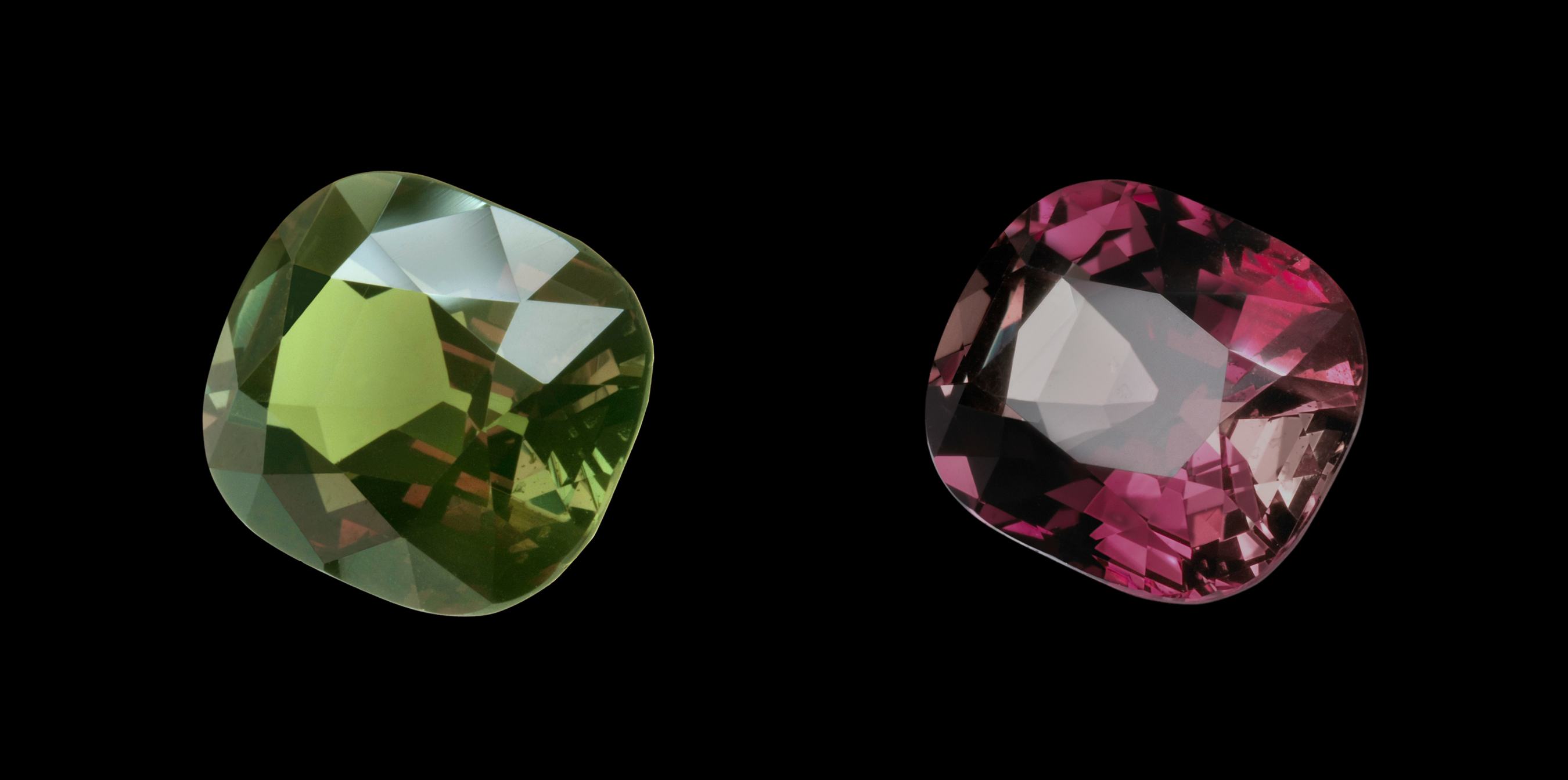 A faceted alexandrite gem weighing 11.65 carats showing the green/red color-change characteristic of this gem variety.The green color is in daylight (left) and the red is in incandescent light (right),both the same stone. This stone is 14 mm in height.