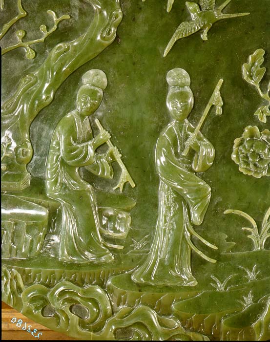 Jade desk screen, detail of two women playing flutes. China.Credit Information:© 1969 The Field Museum ID# A101972c Photographer: John Bayalis