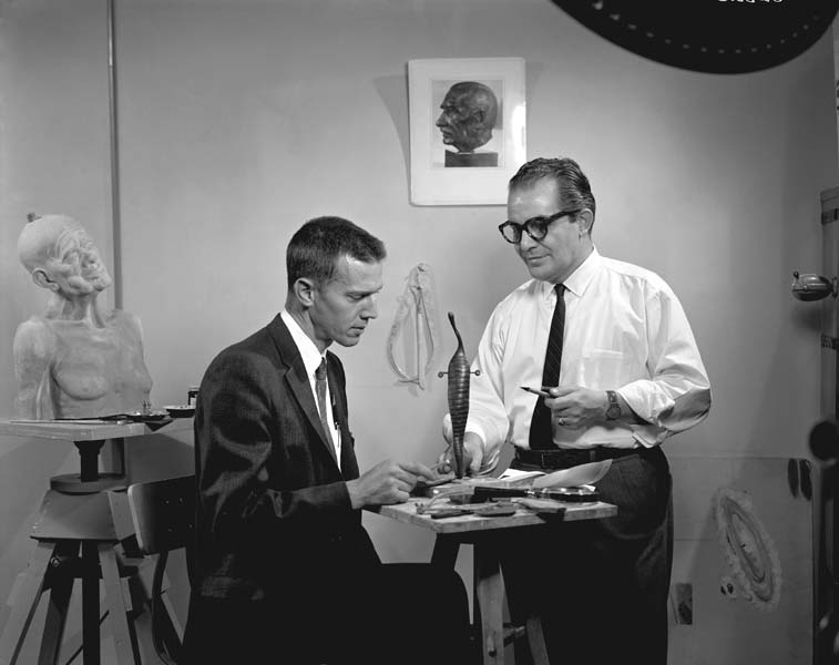 Eugene Richardson, Curator of Paleontology and Tibor Perenyi, scientific illustrator, creating a model of the Tully Monster, Tullimonstrum gregarium, for exhibitCredit Information:© 1963 The Field MuseumNeg. # GEO82825Photographer: unknown