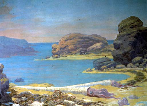 A depiction of Ordovician Sea Life, two billion years ago, shows beached seaweeds, trilobites and cephalopods from the ocean on a rocky shore.