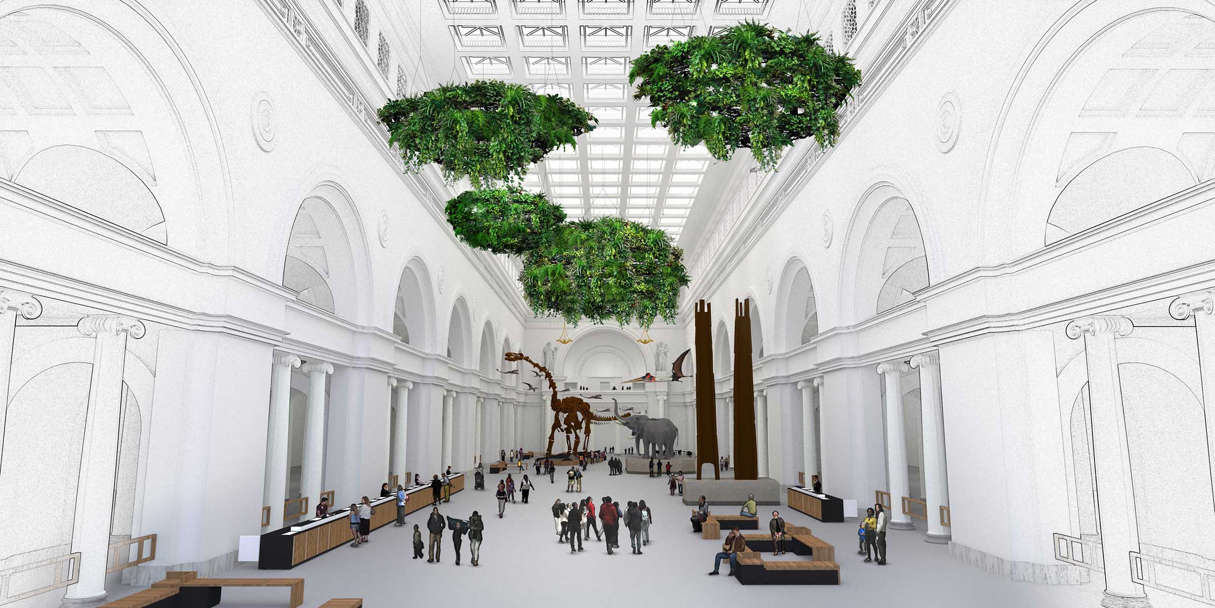 Rendering of the interior of a large, white classical building with large green gardens hanging from the ceiling
