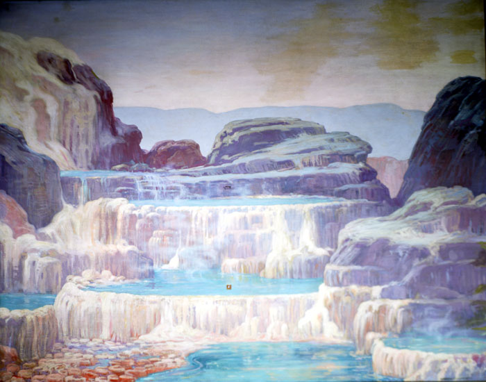 A Charles Knight depiction of a landscape similar to hot springs of today, with water flowing over layers of rock and pooling at each level.