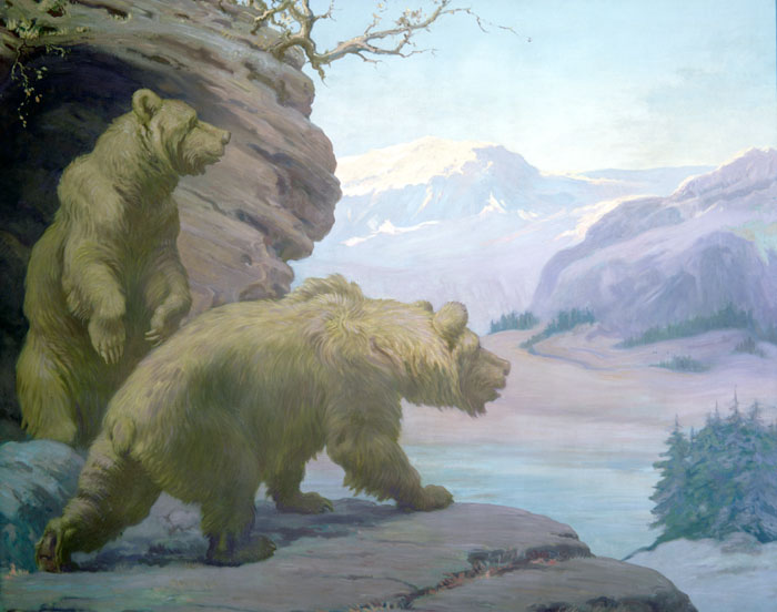 Two Cave bears emerge from their cave and over look a rocky landscape.